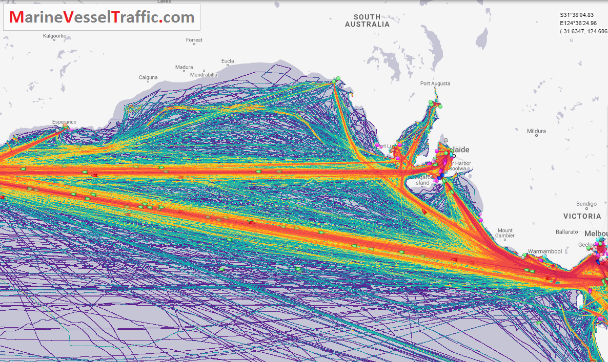 Live Marine Traffic, Density Map and Current Position of ships in GREAT AUSTRALIAN BIGHT GULF